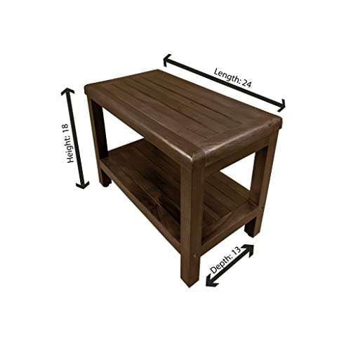 DecoTeak Eleganto 24" Teak Shower Bench with Shelf, Waterproof Seat | Shower bench with adjustable feet and non-slip rubber pads provides stable support on wet or uneven shower floors - size: 24" Length x 14" Width x 18" Height