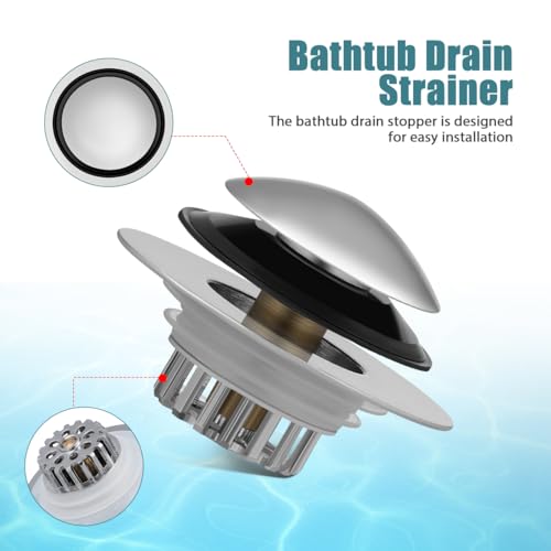 Bathtub Drain Stopper Copper Tub Drain Plug with Built-in Hair Catcher Pop-up Bathtub Strainer for Water Control Easy Install 2.95 X 2.95 X 1.57 in