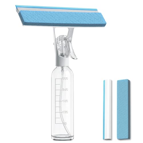 3-in-1 Window Squeegee for Window Cleaning with 300ML Tank & Scrubber | Window Cleaning Kit with Sponge Scrubber, Shower Squeegee for Glass Doors, Mirrors, Windshields, Car Windows & Hanging Hole
