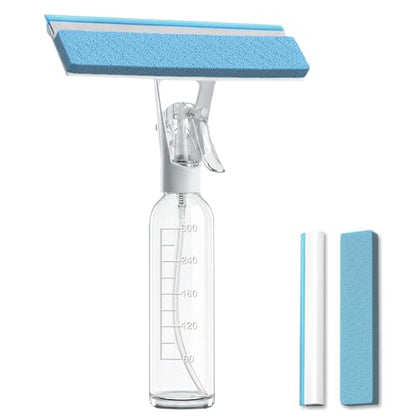 3-in-1 Window Squeegee for Window Cleaning with 300ML Tank & Scrubber | Window Cleaning Kit with Sponge Scrubber, Shower Squeegee for Glass Doors, Mirrors, Windshields, Car Windows & Hanging Hole