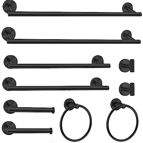Cilee 10 Piece Matte Black Bathroom Hardware Set, 24 16 inch Towel Bar Set | 24 & 16 inch Towel bar, Toilet Paper Holder, Towel Ring, Towel Hook, Bathroom Accessories Set Stainless Steel Wall Mounted - color: 1 Black, size: 24inch
