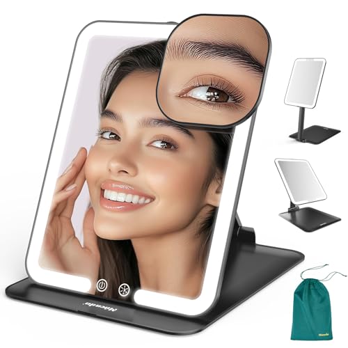 Mocado Travel Makeup Mirror with Light, Foldable Lighted Makeup Mirror | 7x5 Inches, 3 Colors Lighting, Height & Angle Adjustable, 0-100% Brightness, 2000mAh Rechargeable, Memory Function(Black) - color: Black, size: 7.5"L x 5"W