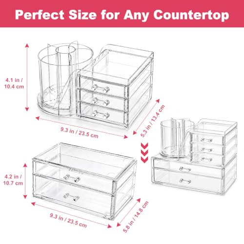 2-Tier Acrylic Makeup Organizer, 360° Rotating Brush Holder & 5 Drawers | Stackable Design; 5 Detachable Drawers; Crystal Clear Display; Space-Saving Countertop Caddy for Vanity, Bedroom & Bathroom - size: 2 Tier-5 Drawers