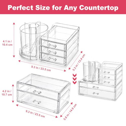 2-Tier Acrylic Makeup Organizer, 360° Rotating Brush Holder & 5 Drawers | Stackable Design; 5 Detachable Drawers; Crystal Clear Display; Space-Saving Countertop Caddy for Vanity, Bedroom & Bathroom - size: 2 Tier-5 Drawers