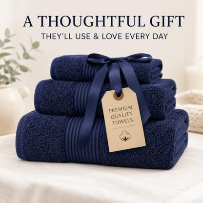 Towel Set for Bathroom, 3 Piece Turkish Cotton Bath Hand and Wash Towels | Mixed size set in Azure Blue, 600 gram weight. Double stitched hems suit family and guest use. - color: Azure Blue