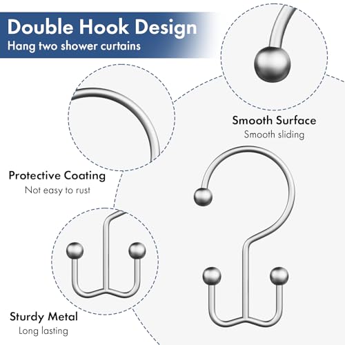 Bathway Shower Curtain Hooks Silver Shower Curtain Rings, 12 Pcs Double Hook Shower Curtain Hooks Rings Shower Curtain Hangers Rust Proof, Metal Shower Hooks for Bathroom Shower Curtain Rod - color: Silver, style: Minimalist