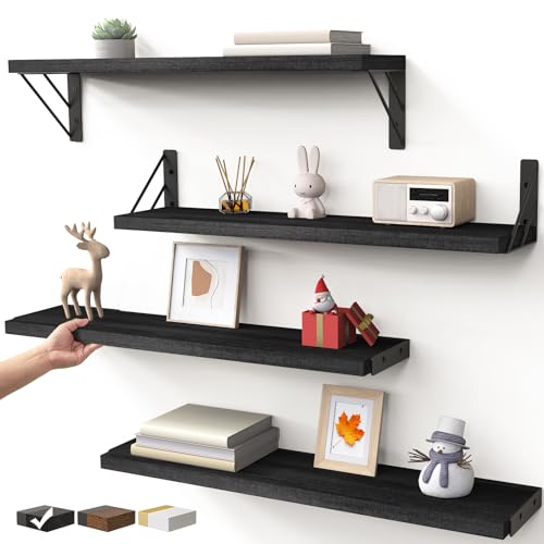 BAYKA Wall Mounted Floating Shelves, Wood Floating Wall Shelf for Books & Decor, Small Space-Saving Display & Organizer（Black，23in，Set of 4） - color: A. Black Board & Black Brackets, size: 23-inch