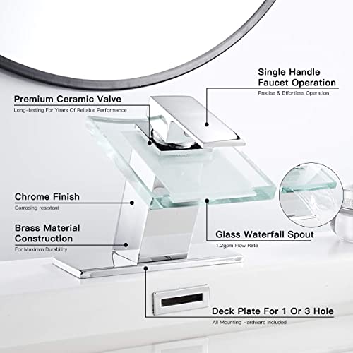 One Hole Lavatory Basin Sink Bathroom Faucet Chrome Waterfall Glass Spout | Single Handle Bathroom Sink Faucet Mixer Tap Modern Deck Mount Plumbing Fixtures Unique Design - color: Chrome, style: No Led