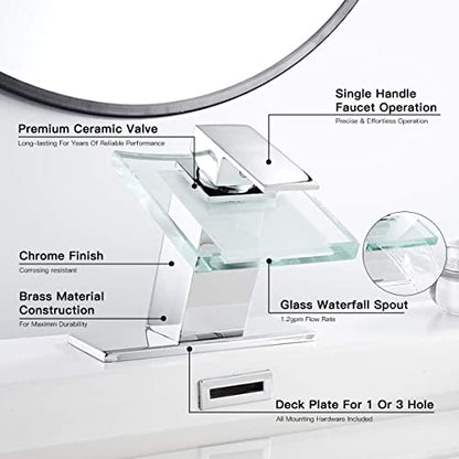 One Hole Lavatory Basin Sink Bathroom Faucet Chrome Waterfall Glass Spout | Single Handle Bathroom Sink Faucet Mixer Tap Modern Deck Mount Plumbing Fixtures Unique Design - color: Chrome, style: No Led