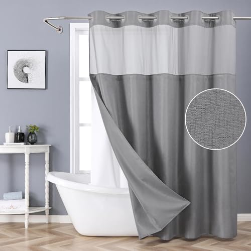 eachope Grey No Hook Shower Curtain with Snap-in Fabric Liner Set,Slub Textured Fabric Shower Curtains for Bathroom,Hotel Style Modern Shower Curtain,Water Repellent & Washable,71x74(72) | Hotel Style Fabric with See-Through Top Window, Water Repellent &