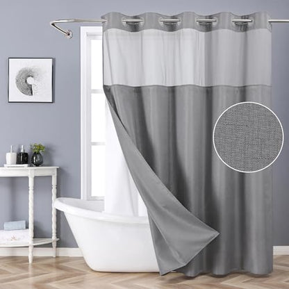 eachope Grey No Hook Shower Curtain with Snap-in Fabric Liner Set,Slub Textured Fabric Shower Curtains for Bathroom,Hotel Style Modern Shower Curtain,Water Repellent & Washable,71x74(72) | Hotel Style Fabric with See-Through Top Window, Water Repellent &