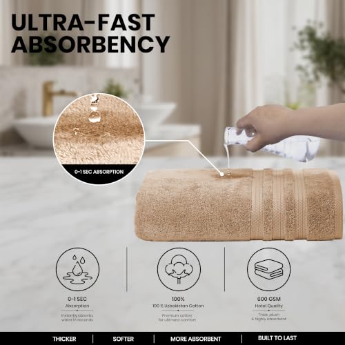 Bath Towels Set of 4 Extra Large Towels set, 30x60 In, 100% Uzbek Cotton 600 GSM Oeko-TEX Larger & Lighter Weight, Quicker to Dry Super Soft and Absorbent Perfect for Bathroom–Desert Beige - color: Beige