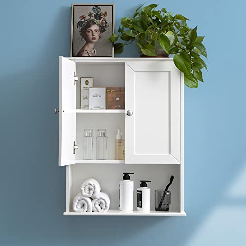 VANIRROR White Bathroom Wall Mounted Cabinet Wooden Over the Toilet Storage | Above Toilet Medicine Cabinets with 2 Door & Adjustable Shelf for Kitchen, Laundry Room, Entryway,Durable MDF Construction - color: White With Silver Handle, size: 24x30