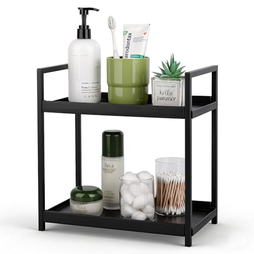 Bathroom Counter Organizer Vanity Storage Countertop Shelf, Small Black | 2 Tier Makeup Organizer Perfume Tray Skincare Holder for Sink, Dresser, Kitchen - color: Black, size: Small