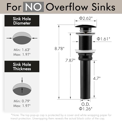 KES Bathroom Sink Drain Without Overflow Vessel Sink Lavatory Vanity Pop Up Drain Stopper Matte Black for 1.6"-1.9" Sink Hole, All Metal Rustproof Brass and 304 Stainless Steel, S2008D-BK - color: Matte Black, style: NO Overflow, 1 Pack