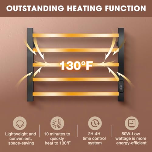 Heated Towel Rack Wall Mounted 5 Bar, Towel Warmer for Bathroom, Black | Built-in 2H/4H Timer, Easy 5-Min Install, IPX4 Waterproof Stainless Steel, Plug-in, Fast Heating for Bathroom Spa Gym