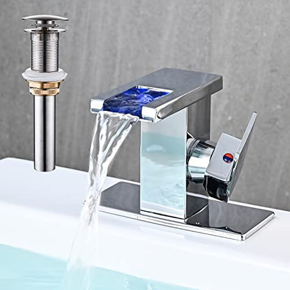 AVSIILE LED Bathroom Sink Faucet, Chrome Waterfall Single Hole Handle Vanity Faucets for Sinks 1 Hole with Metal Pop Up Drain and 2 Water Supply Lines, Side Handle - color: Chrome