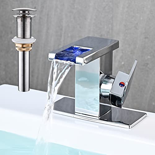 AVSIILE LED Bathroom Sink Faucet, Chrome Waterfall Single Hole Handle Vanity Faucets for Sinks 1 Hole with Metal Pop Up Drain and 2 Water Supply Lines, Side Handle - color: Chrome