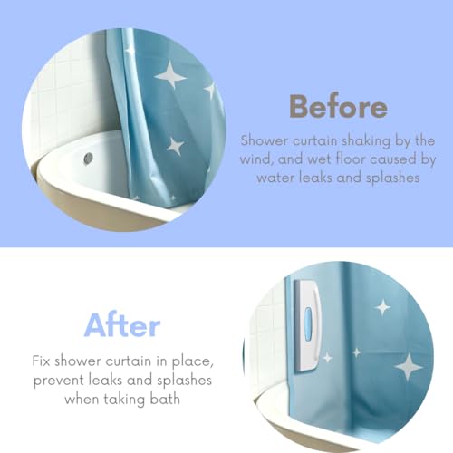 2-in-1 Shower Squeegee and Magnetic Shower Curtain Clips, All-in-One Silicone Squeegee for Glass Door with Splash Guard Clips, No-Drill Adhesive Water Guard for Bathroom, Gray/White, Pack of 2
