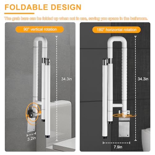 YUCHENGTECH Flip Up Handicap Grab Bar Foldable Toilet Grab Bar 29.5 INCH Wall Mount Folding Toilet Safety Rail with Floor Support for Bathroom for Elderly Disabled Senior Pregnant