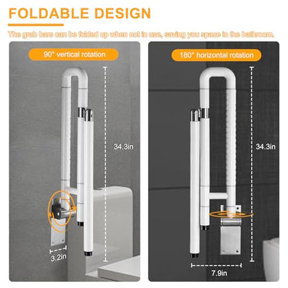 YUCHENGTECH Flip Up Handicap Grab Bar Foldable Toilet Grab Bar 29.5 INCH Wall Mount Folding Toilet Safety Rail with Floor Support for Bathroom for Elderly Disabled Senior Pregnant