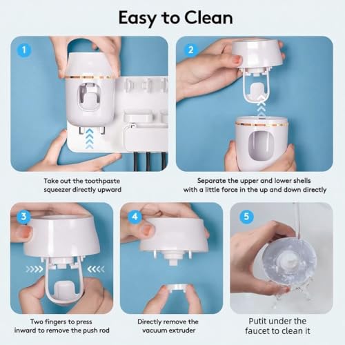 TuCao Wall Mounted Toothbrush Holder with Automatic Toothpaste Dispenser, No Drill Bathroom Organizer White