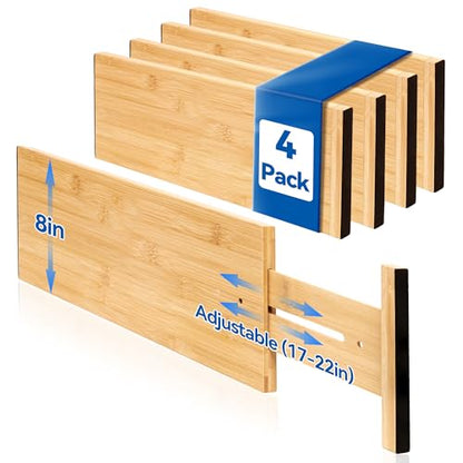 4 Pack 8" Deep Bamboo Drawer Dividers, 17-22" Expandable Kitchen Organizers | Adjustable Spring-Loaded Tension Separators with Foam Pad for Clothes, Utensils, Kitchen, Dresser, Nursery & Bathroom - size: 8"H, 17-22"L Adjustable