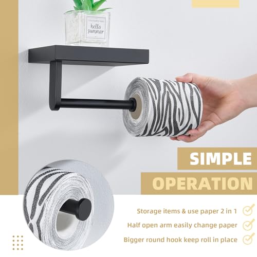 Sintered Stone Toilet Paper Holder with Shelf Matte Black, APLusee Stainless Steel Paper Holder with Phone Shelf Wall Mounted - size: Single Rod