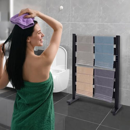 Towel Warmer Rack with 6 Widened Bars, Wall-Mounted Heated Towel Dryer with Timer, LED Display, 3 Temp Levels, Plug Overheat Protection, for Bathroom Spa Laundry (Matte Black) - color: Black