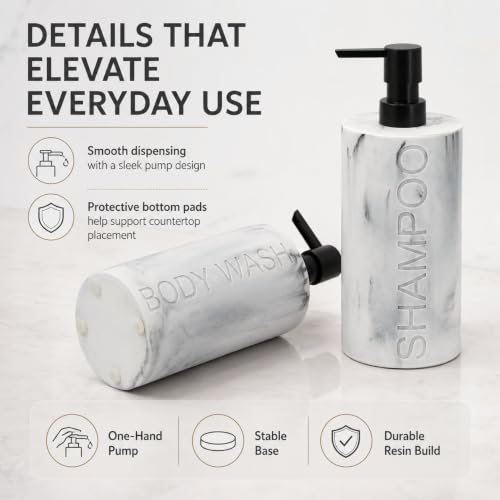 Marble Resin 2 Piece Shampoo and Body Wash Dispenser Set, Luxurious Refillable Pump Bottles with Matte Pump Top and Embossed Text, Durable Design for Bathroom and Shower - color: 2pack Marble Shampoo and Body Wash Set