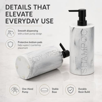 Marble Resin 2 Piece Shampoo and Body Wash Dispenser Set, Luxurious Refillable Pump Bottles with Matte Pump Top and Embossed Text, Durable Design for Bathroom and Shower - color: 2pack Marble Shampoo and Body Wash Set