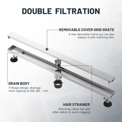 Linear Shower Drain 36 Inch Shower Trench Drain with Tile Insert Grate | Evolvegoods 304 Stainless Steel Bathroom Floor Drain,Rectangular Shower Drain with Leveling Feet,Hair Strainer,Brushed Nickel - size: 36 Inches