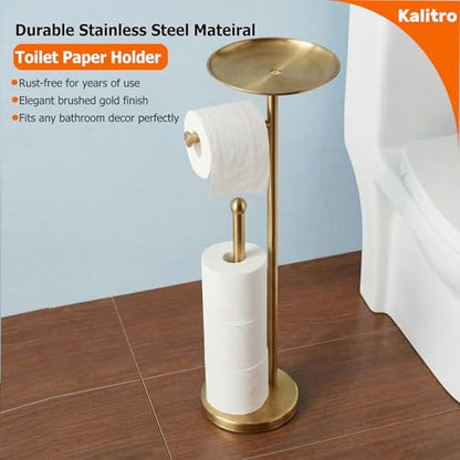 Kalitro Toilet Paper Holder Freestanding with Big Shelf, 4 Rolls Reserve Paper Holder Stand, Modern Paper Roll Holder with Storage Space for Phones (Gold) - color: Gold