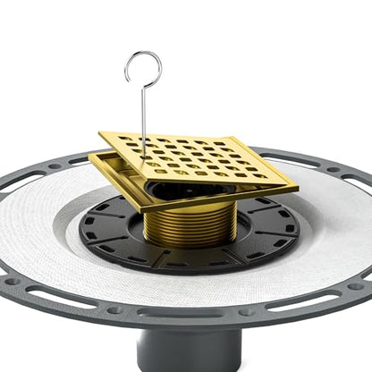 Square Shower Drain w/PVC Bonding Flange Base, 4" Gold | 304 Stainless Steel Drain w/ Drain Key for Low Profile Shower Tiles, CUPC Certified - color: Polished Gold4"