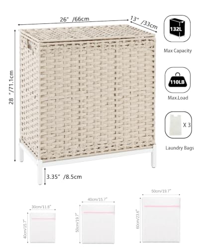 SETVSON Laundry Hamper with Lid,Clothes Hamper with Lid,132 L, Light Khaki | 35 Gallons, Handwoven Rattan Laundry Hamper, Metal Heightened Feet, 3 Removable Liner Bags for Laundry - color: Light Khaki, size: 132 L - 35 gal