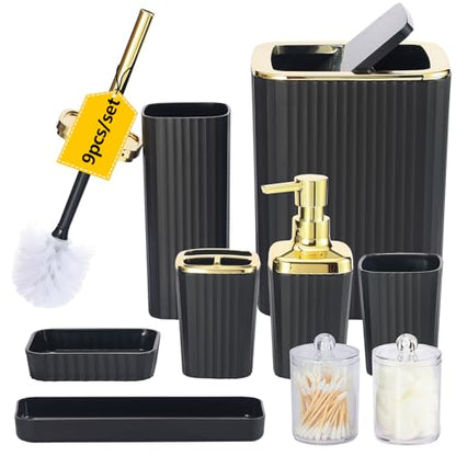 9 PCS Black Bathroom Accessories Set with Trash Can Bathroom Accessory | All-in-One Kit with Trash Can,Toothbrush Holder,Soap Dispenser,Toothbrush Cup,Vanity Tray,Soap Dish,Toilet Brush etc for Home - color: Black