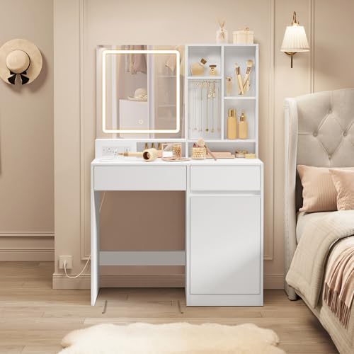 VASAGLE KAILYN Collection - 35.4-Inch Vanity Desk with Mirror and Lights, Power Outlets, Modern Vanity Table, Jewelry Storage, Adjustable Shelves, for Bedroom, Cloud White URDT132WB03S - style: 35.4"W 1 Drawers 1 Cabinet Vanity Desk - Cloud White