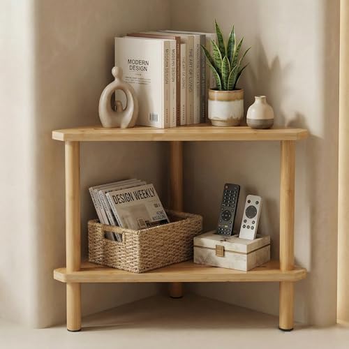 Bamboo Corner Shower Stool, 2-Tier Waterproof Bath Bench with Storage Shelf, Shower Foot Rest for Bathroom Spa Shaving