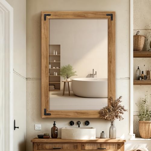 Wood Framed Bathroom Vanity Mirror for Wall, 26"x38" Farmhouse Mirror | Solid Wood Frame, HD Shatterproof Glass, Vertical/Horizontal Hanging, Ideal for Bathroom, Living Room, Bedroom - size: 38"L x 26"W