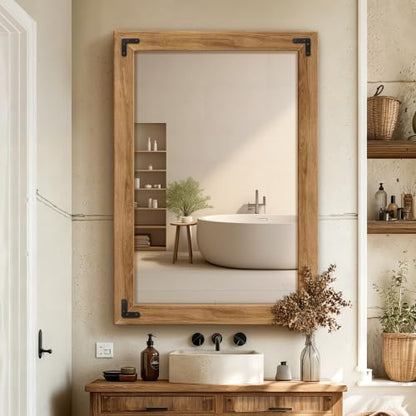 Wood Framed Bathroom Vanity Mirror for Wall, 26"x38" Farmhouse Mirror | Solid Wood Frame, HD Shatterproof Glass, Vertical/Horizontal Hanging, Ideal for Bathroom, Living Room, Bedroom - size: 38"L x 26"W