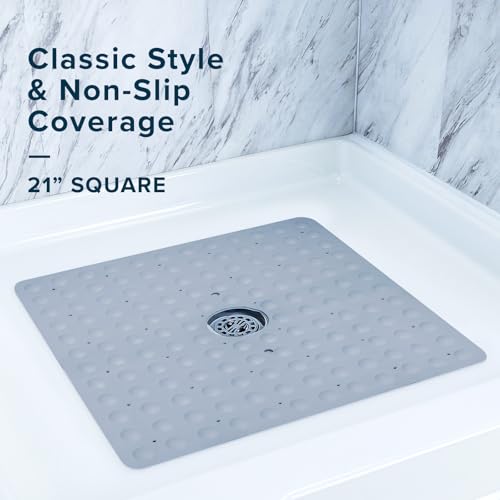 SlipX Solutions 21"x21" Mildew Resistant Non Slip Shower Stall Mat, Gray | Soft Durable Rubber Underfoot, Product Protection, 140 Power Grip Suction Cups, Center Drain Hole - color: Gray