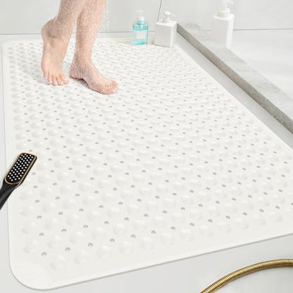 OTHWAY Extra Large Shower Mat 47"x 32", TPE Non Slip Shower Mat for Shower Stall, Inside Walk in Shower Mats with Drain Holes Suction Cups, Anti-Slip for Elderly (White) - color: White