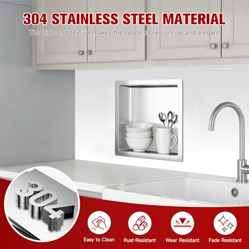 VELPAX No Tile Needed Shower Niche 12"X 12", Bathroom Wall Niche Single Shelf, Stainless Steel Shower Niche for Bathroom, Kitchens, Balconies - color: Silver, size: 12"X 12" Single Shelf