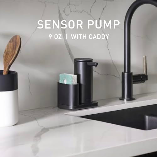 simplehuman Liquid Sensor Pump with Caddy, 9 oz Automatic Soap Dispenser for Kitchen and Bathroom, Touchless Motion Sensor, Variable Dispense, Rechargeable, High-Grade Matte Black Steel - color: Matte Black, style: 9 Oz. w/ Caddy