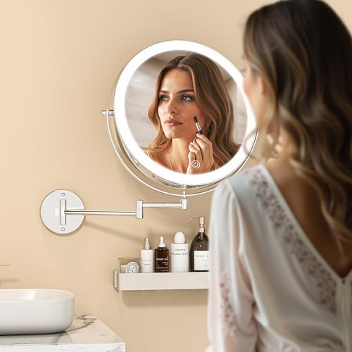 Wall Mounted Lighted Makeup Mirror with Extended Arm for Bathroom | Round 8.5 Inch Double Side 1X/10X Magnifying, 360° Swivel, 19.7 Inch Extended Arm, 3 Color Lights Dimmable, Rechargeable - color: Chrome
