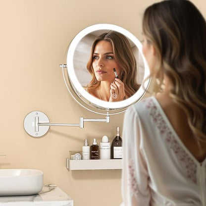 Wall Mounted Lighted Makeup Mirror with Extended Arm for Bathroom | Round 8.5 Inch Double Side 1X/10X Magnifying, 360° Swivel, 19.7 Inch Extended Arm, 3 Color Lights Dimmable, Rechargeable - color: Chrome