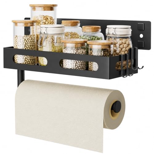 Paper Towel Holder Wall Mount with Shelf, Easy One Hand Tear, Adhesive Glue or Drill Mount Hanging Paper Towel Holder with Shelf for Kitchen/Bathroom/RV, Black Metal, 4 Hooks - color: Black