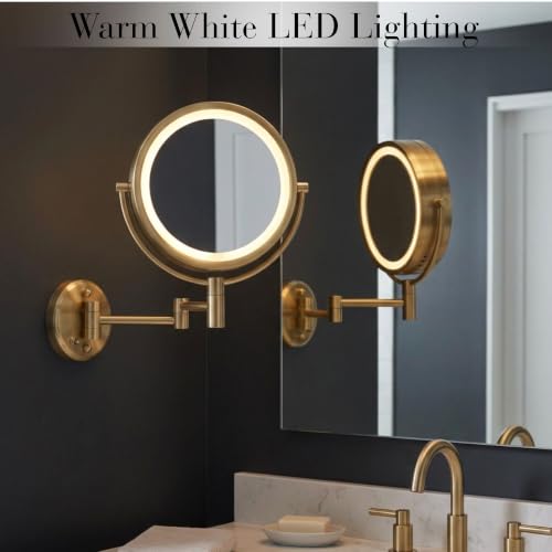 JERDON Hardwired Wall-Mount Makeup Mirror - 8X/1X - Gold - HL75BGD | 8.5" Diameter, 13.5" Wall Arm, LED Lighting, Direct Wire Installation - color: Gold Direct Wire