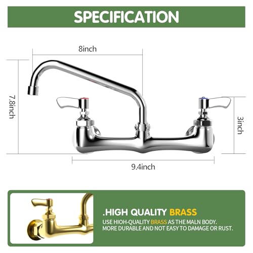 Wall Mount Kitchen Faucet, TOLSUNY Commercial Sink Faucet with 8-inch Swivel Spout, Brass Dual Handle Utility Laundry, Chrome Gooseneck Spout, for Laundry Room Restaurant Compartment Sink