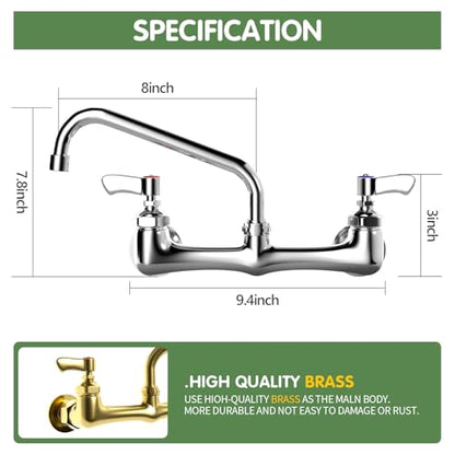 Wall Mount Kitchen Faucet, TOLSUNY Commercial Sink Faucet with 8-inch Swivel Spout, Brass Dual Handle Utility Laundry, Chrome Gooseneck Spout, for Laundry Room Restaurant Compartment Sink